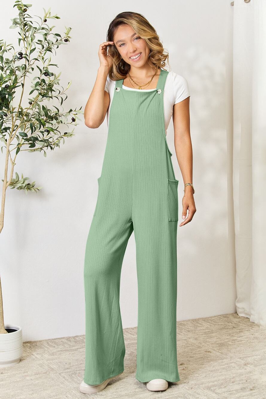 DOUBLE TAKE Green Wide Strap Wide Leg Overalls with Pockets NEW